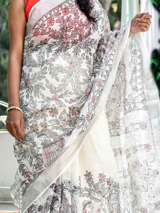 Traditional Handpainted Madhubani Linen Saree