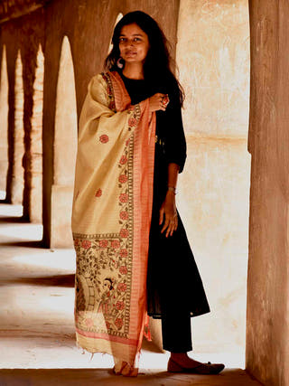 Madhubani Handpainted Black Red Cotton Dupatta