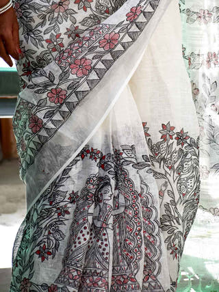Traditional Handpainted Madhubani Linen Saree