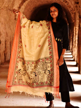 Madhubani Handpainted Black Red Cotton Dupatta