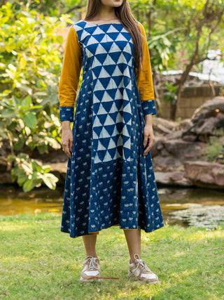 Handblock Printed Indigo Dress  With Golden Yellow Sleeves MORALFIBRE