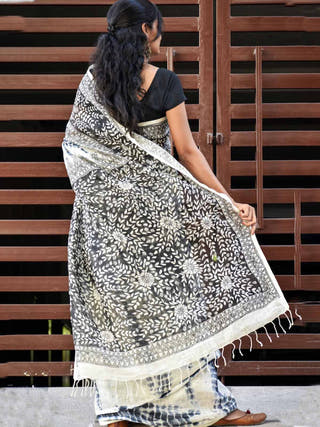 Madhubani Handpainted Floral Handapainted Linen Saree