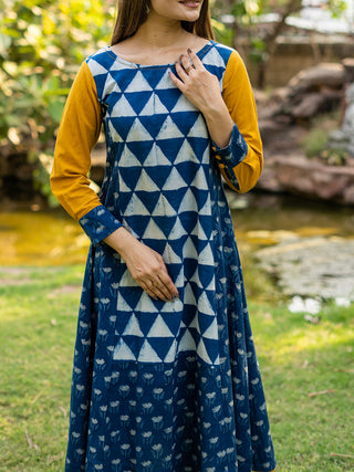 Handblock Printed Indigo Dress  With Golden Yellow Sleeves MORALFIBRE