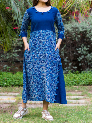 Handblock Printed Indigo Dress  With Hand Made Fumti Details MORALFIBRE