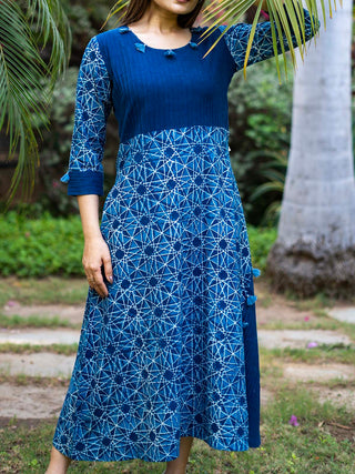 Handblock Printed Indigo Dress  With Hand Made Fumti Details MORALFIBRE