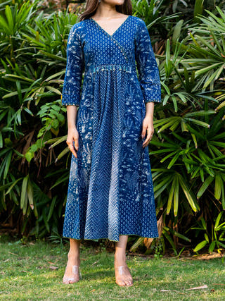 Handblock Printed Indigo Dress  With Hand Embroidered Beads And Coin Work MORALFIBRE
