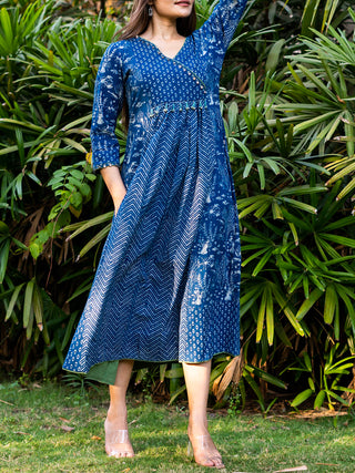 Handblock Printed Indigo Dress  With Hand Embroidered Beads And Coin Work MORALFIBRE