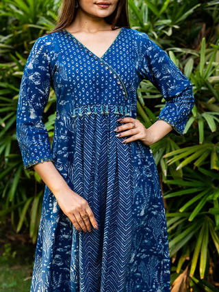 Handblock Printed Indigo Dress  With Hand Embroidered Beads And Coin Work MORALFIBRE