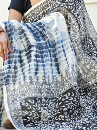 Madhubani Handpainted Floral Handapainted Linen Saree