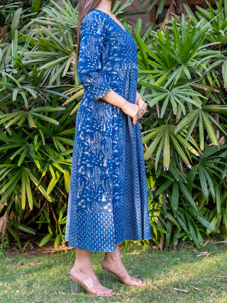 Handblock Printed Indigo Dress  With Hand Embroidered Beads And Coin Work MORALFIBRE