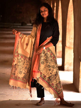 Madhubani Handpainted Black Red Cotton Dupatta