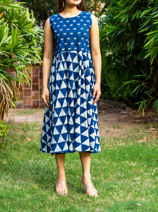 Handblock Printed Indigo Sleeveless Dress - Khadi Cotton Kurta for women in Indigo color