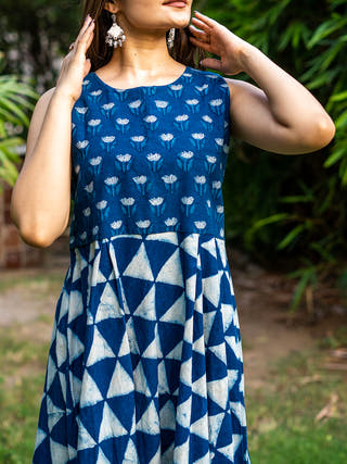 Handblock Printed Indigo Sleeveless Dress - Khadi Cotton Kurta for women in Indigo color