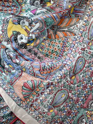 Madhubani Radha Sang Krishna Holi Hand Painted Linen Saree