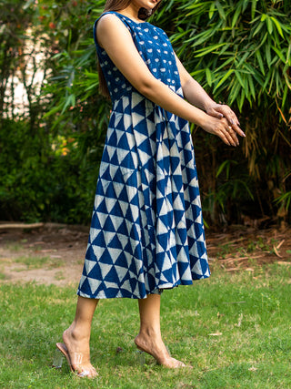 Handblock Printed Indigo Sleeveless Dress - Khadi Cotton Kurta for women in Indigo color