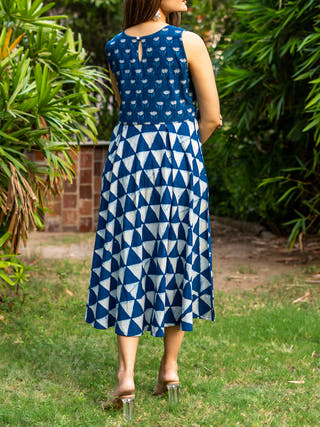 Handblock Printed Indigo Sleeveless Dress - Khadi Cotton Kurta for women in Indigo color