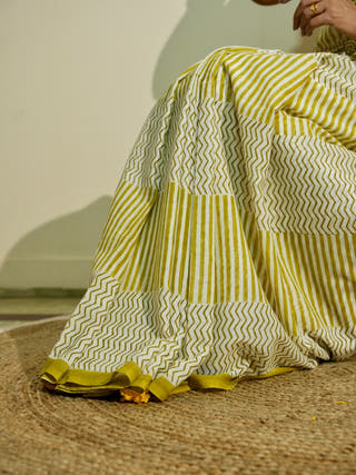 Greesha Heritage Hand Block Printed Pure Cotton Striped Saree