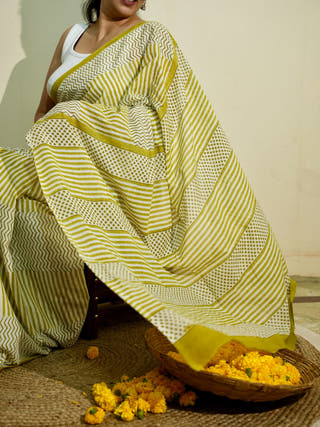 Greesha Heritage Hand Block Printed Pure Cotton Striped Saree