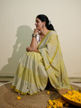 Greesha Heritage Hand Block Printed Pure Cotton Striped Saree