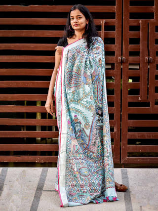 Madhubani Radha Sang Krishna Holi Hand Painted Linen Saree