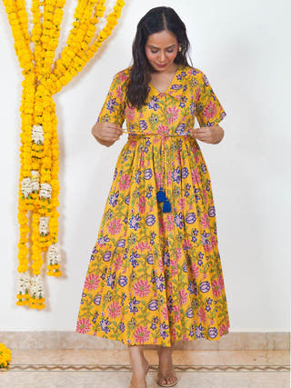 Pushp Priya Fit-and-Flare Cotton Dress Sivaka India Yellow
