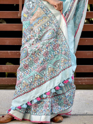 Madhubani Radha Sang Krishna Holi Hand Painted Linen Saree