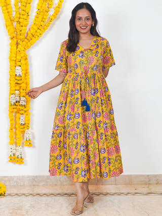 Pushp Priya Fit-and-Flare Cotton Dress Sivaka India Yellow