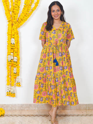 Pushp Priya Fit-and-Flare Cotton Dress Sivaka India Yellow