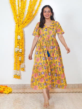 Pushp Priya Fit-and-Flare Cotton Dress Sivaka India Yellow