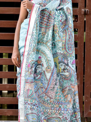 Madhubani Radha Sang Krishna Holi Hand Painted Linen Saree