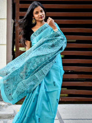 Madhubani Blue Tussar Silk Hand Painted Saree