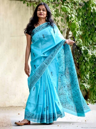 Madhubani Blue Tussar Silk Hand Painted Saree