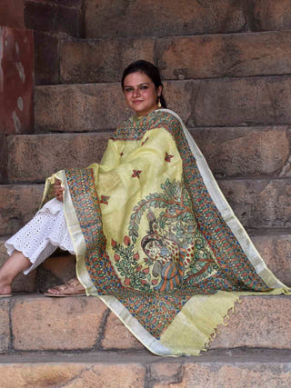 Handpainted Madhubani Linen Radha Krishna Dupatta