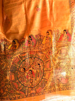 Madhubani Hand Painted Tussar Silk Orange Dupatta