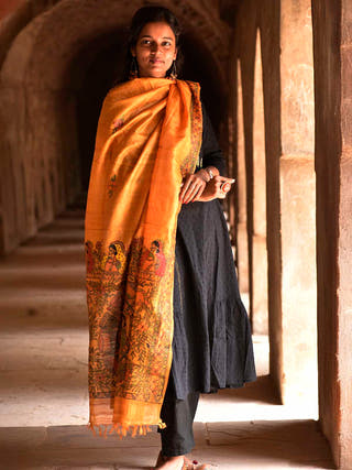 Madhubani Hand Painted Tussar Silk Orange Dupatta