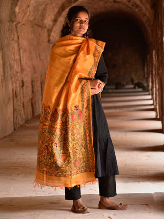 Madhubani Hand Painted Tussar Silk Orange Dupatta