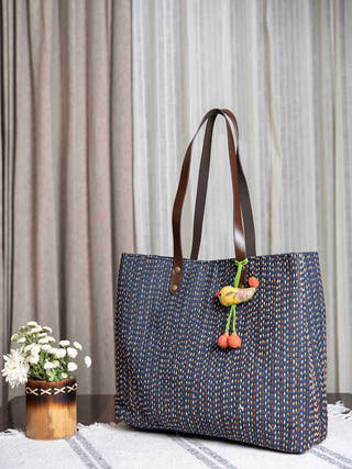 Bird Charm Denim Tote Bag