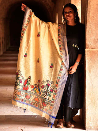 Madhubani Hand Painted Radha Krishna Cotton Dupatta