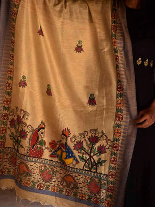 Madhubani Hand Painted Radha Krishna Cotton Dupatta