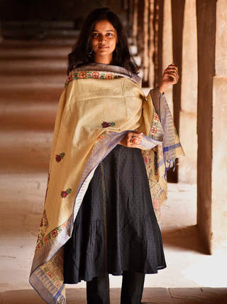 Madhubani Hand Painted Radha Krishna Cotton Dupatta