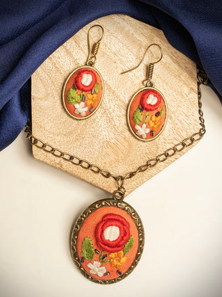 Rosebud Blossom Hand Embroidered Pendent & Earring set Orange Sutanuti studio