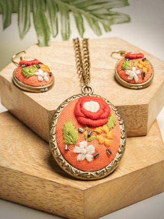 Rosebud Blossom Hand Embroidered Pendent & Earring set Orange Sutanuti studio