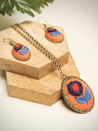 Rosebud Blossom Hand Embroidered Pendent & Earring set Sutanuti studio