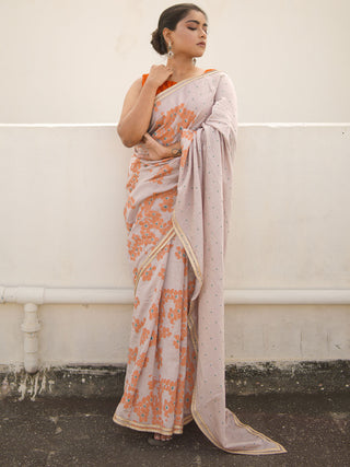 Old Rose Blockprinted Chanderi Silk Saree Kasia