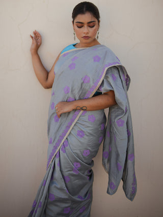 Grey Blockprinted Chanderi Silk Saree Kasia