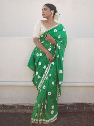 Green Blockprinted Chanderi Silk Saree Kasia