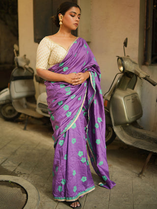 Purple Blockprinted Chanderi Silk Saree Kasia