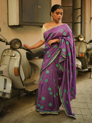 Purple Blockprinted Chanderi Silk Saree Kasia