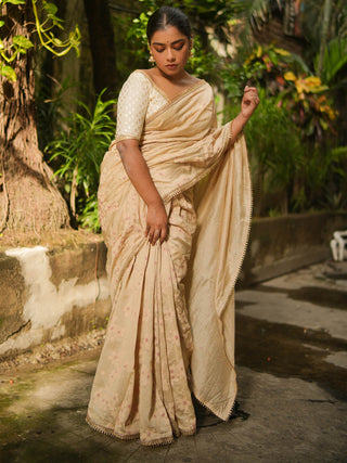 Beige Blockprinted Chanderi Silk Saree Kasia