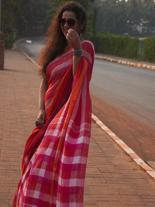 Red Check Me Not Saree
